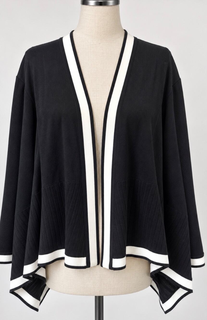 Misook Black White Trim Open Front Asymmetrical Draped Cardigan Women Designer L